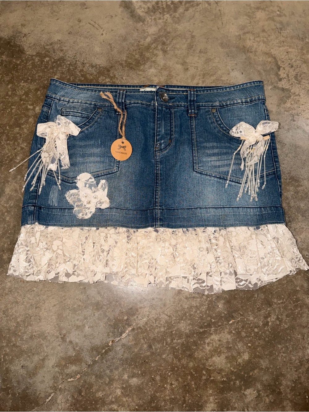 LEI Denim Mini Skirt Lace Ruffle Beaded Bow Handmade Embellished 12 Festival